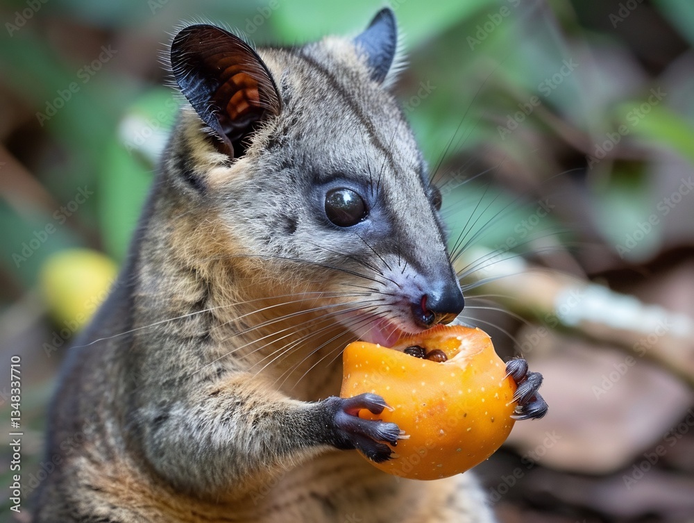 Naklejka premium Close up photo of Green Lemuroid Ringtail Possum eating a rainforest fruit details of its fur and whiskers in stunning clarity shot with a macro lens for a highly detailed and intimate perspective