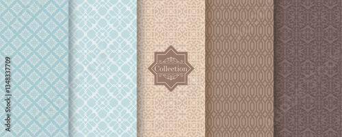 Set of Cute geometric seamless patterns on modern background with minimal labels, frames. Abstract vector textures. Design for print, vaucher, decor, package, banner, card