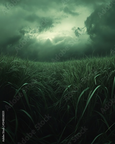 Green Field of Grass Under Dramatic Sky Before Approaching Storm