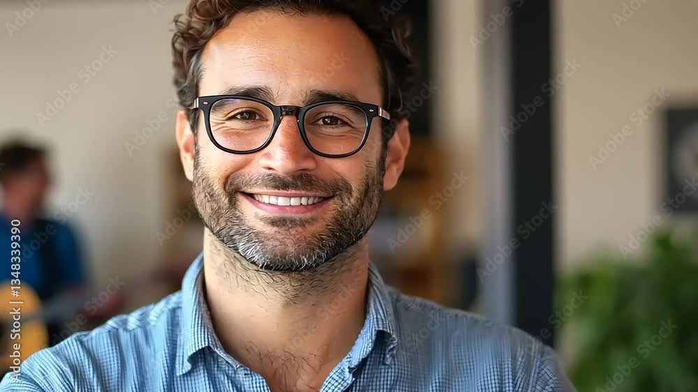 Smiling man with glasses in a casual setting, with a musician playing guitar in the background Smiling man with glasses in a casual setting, with a musician playing guitar in the background