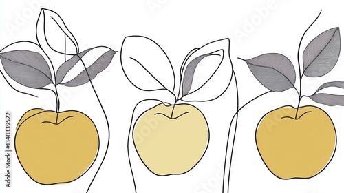 Three Golden Apples with Delicate Leaves: A Minimalist Fruit Art Design