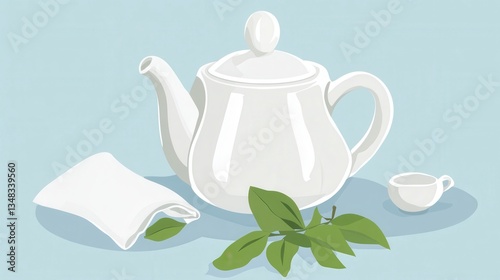 A Serene Still Life: White Teapot, Cup, and Leaves
