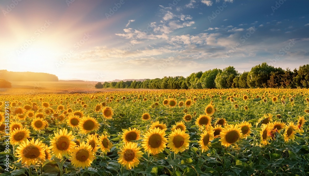 Fototapeta premium field of sunflowers flowering sunflowers in meadow sunflowers lit by sunlight beautiful landscape in summer