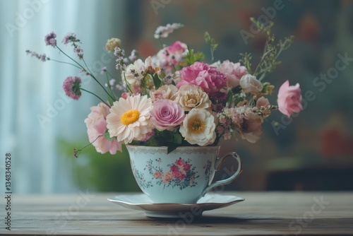A charming bouquet of garden flowers arranged in a vintage teacup on a rustic wooden table