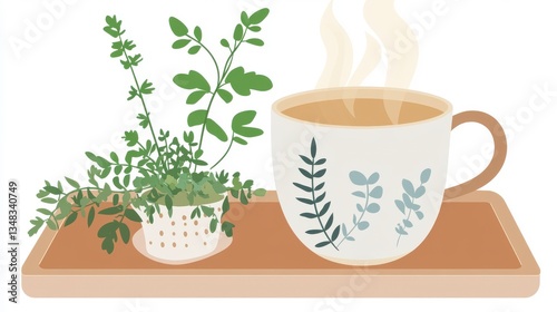 Cozy Morning Tea with Plants on a Tray - Simple and Elegant Illustration