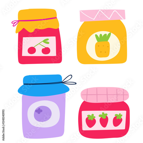 A set of colorful jam jars. Flat vector illustration on white background.