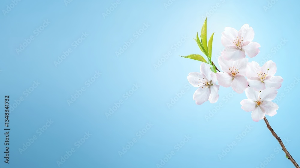 Fototapeta premium Delicate white cherry blossoms on a soft blue background.