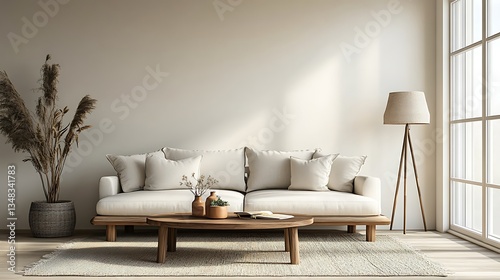 Modern beige living room with sofa and coffee table. Use for interior design inspiration or furniture catalog photo