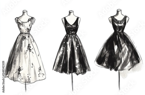 Three vintage dresses on mannequins, ink sketch.