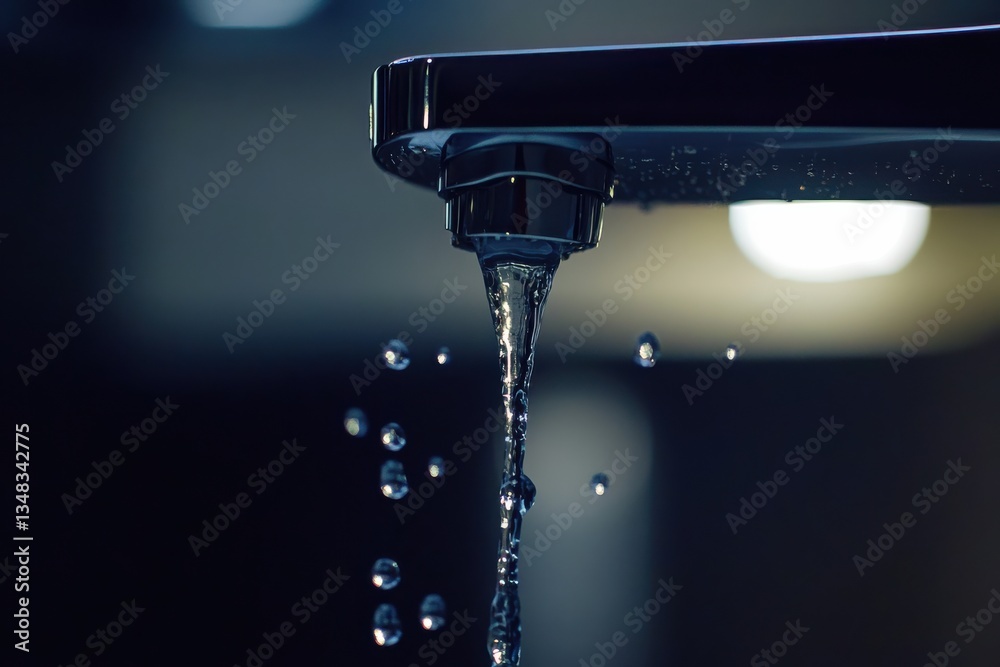 Gentle droplets cascade from a sleek faucet in a tranquil kitchen setting during evening hours Gentle droplets cascade from a sleek faucet in a tranquil kitchen setting during evening hours