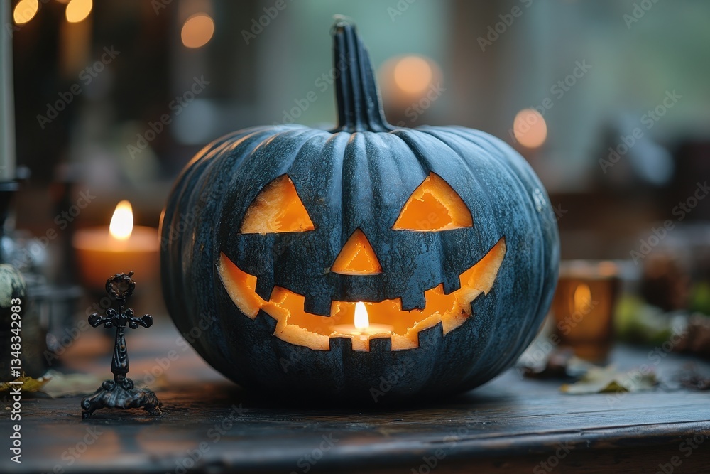 Fototapeta premium Spooky Halloween Pumpkin Decoration with Warm Candlelight Glow