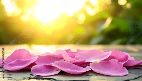 Pink petals on a table with light in the background
