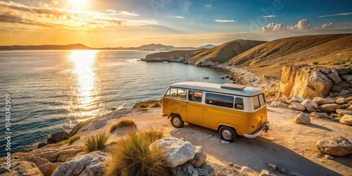 Pag Island Croatia Retro Campervan Beach Photography: Yellow Van, Rocky Coastline, Adriatic Sea