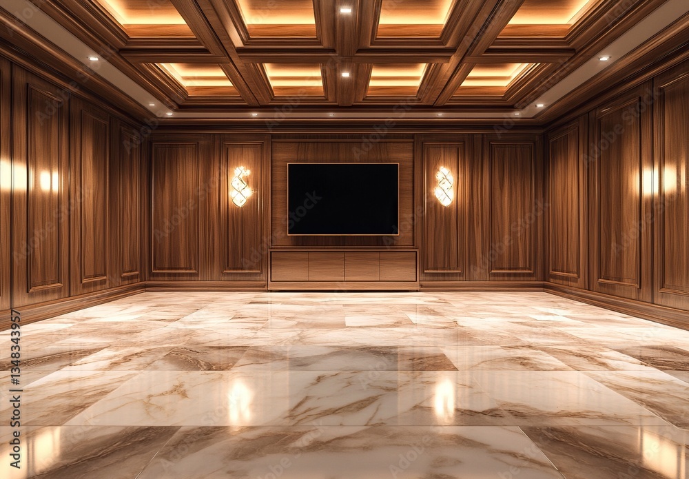 Fototapeta premium 3D rendering of a living room interior design with a TV on the wall, marble floor, and wooden paneled walls, with ambient lighting and a minimalist style.