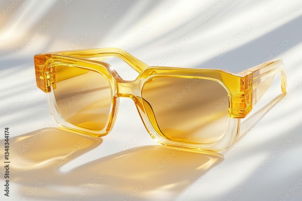 avantgarde oversized sunglasses with transparent yellow crystal frames and gradient lenses floating in white space with abstract shadows