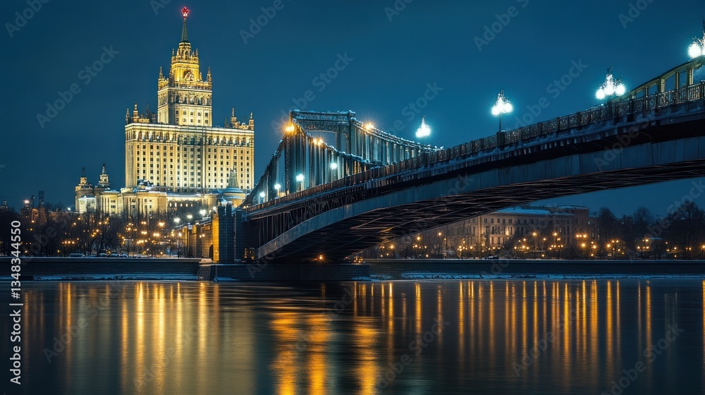 Obraz premium Night View of Moscow's Iconic Stalinist Architecture and Bridge