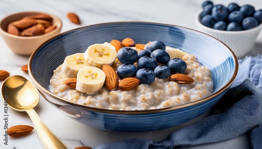 oatmeal porridge with blueberries almonds and banana on marble table oatmeal porridge with blueberries almonds and banana on marble table