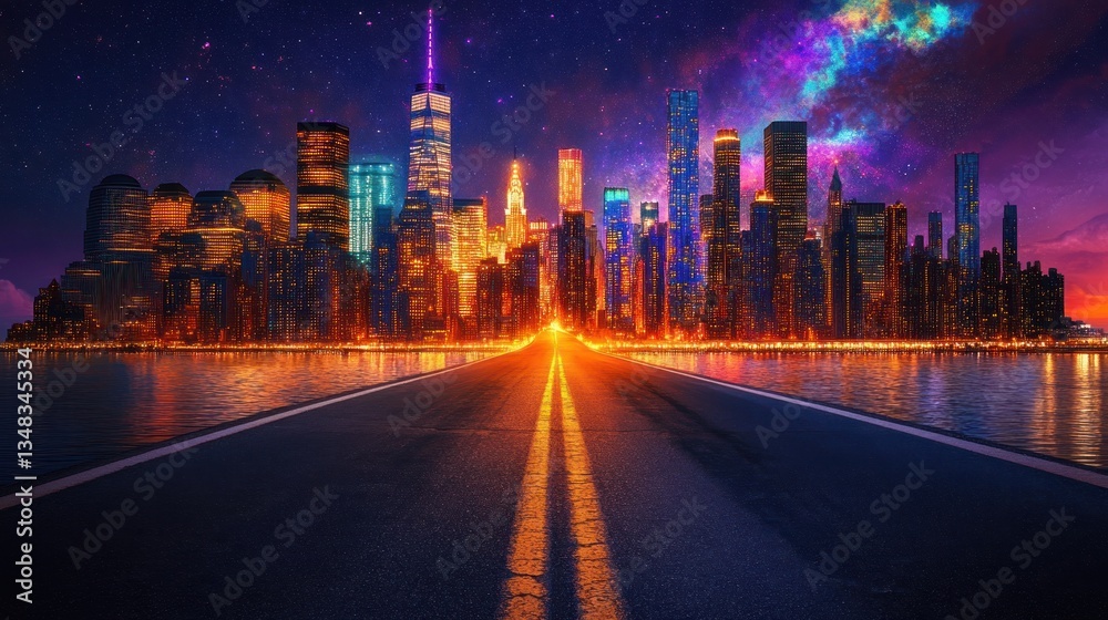 Fototapeta premium Empty Road Leading to Night City Skyline