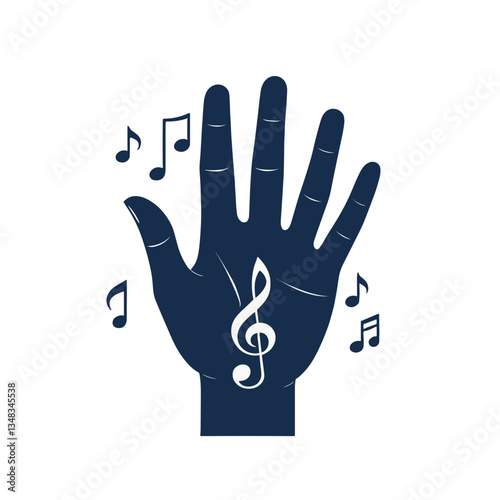 Stylized hand silhouette with music notes and treble clef on white background