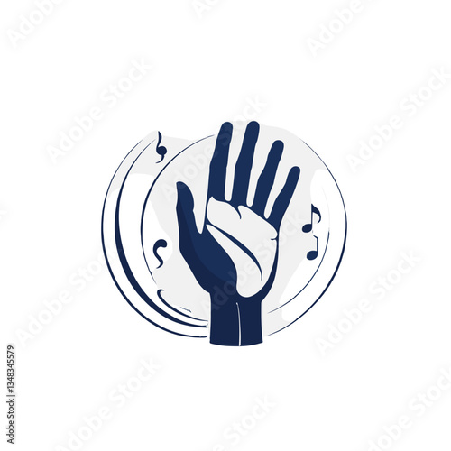 Stylized hand silhouette with musical notes and sound waves in circular layout on white background
