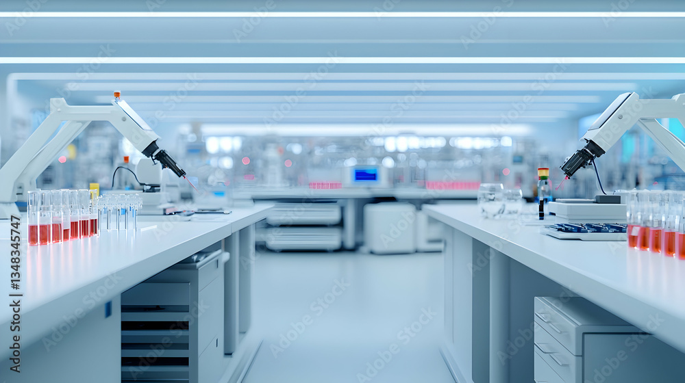 Modern White Laboratory Interior With Robotic Arm And Microscopes Modern White Laboratory Interior With Robotic Arm And Microscopes