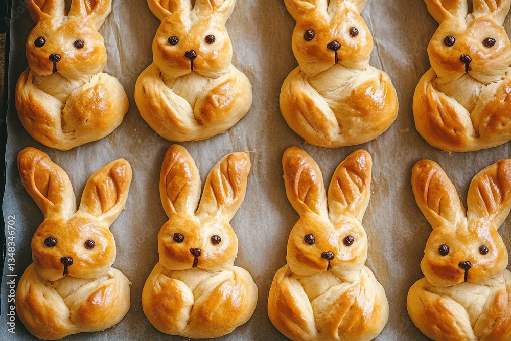Obraz premium Easter bunnies made from yeast dough. Traditional Easter dessert - rabbits, symbol, concept, design. View from above.