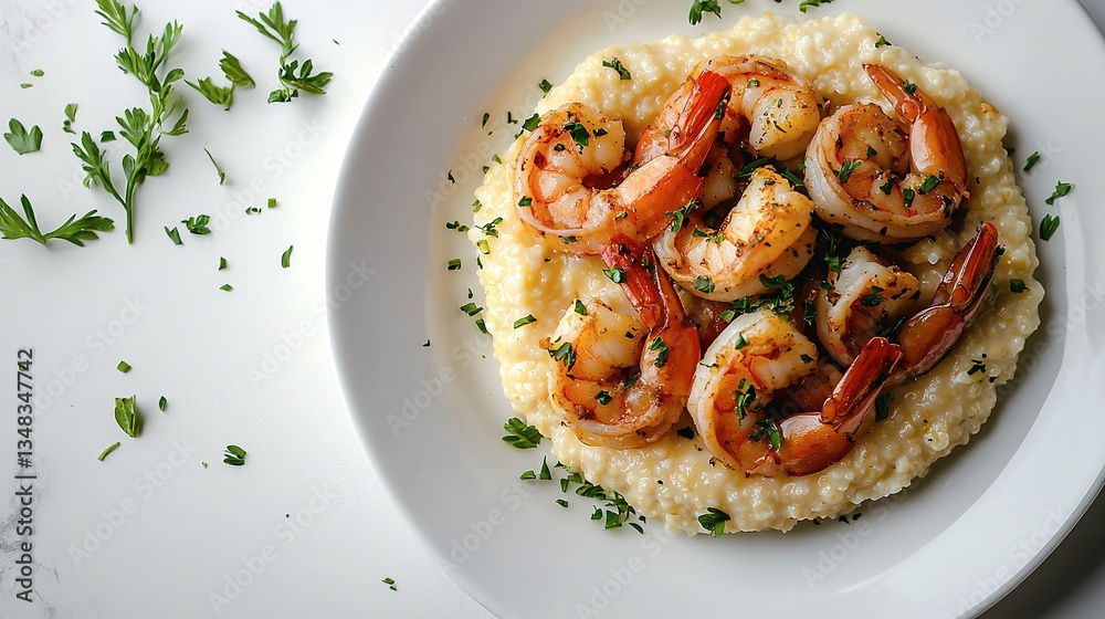 Delicious Grilled Shrimp Garnished With Herbs Placed On Creamy Grits