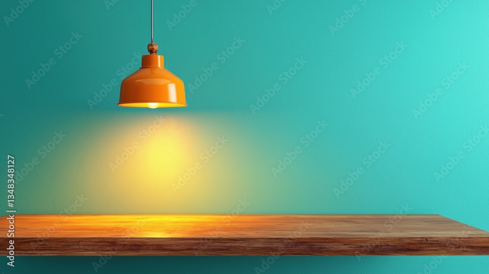 Obraz premium Modern pendant light over a wooden tabletop against a teal wall.