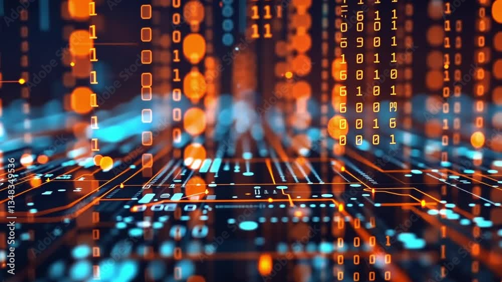 Abstract digital data stream with binary code, representing a technology concept. Illuminated lines and binary numbers in a futuristic theme, ideal for technology or digital content