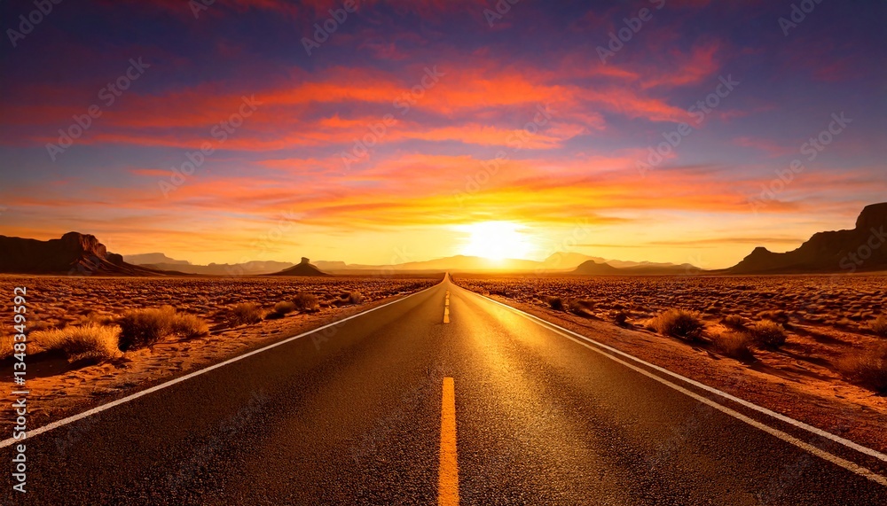 Fototapeta premium A long, endless highway cutting through a vast, golden desert under a breathtaking sunset