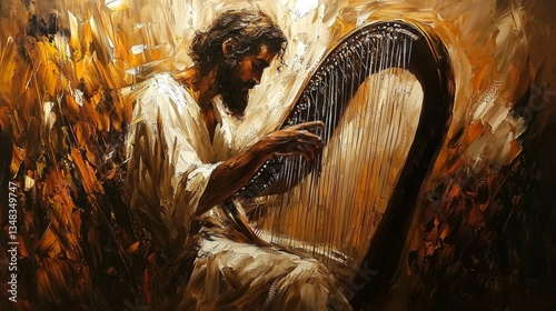 A dramatic oil painting of David playing the harp, showcasing powerful biblical themes. 