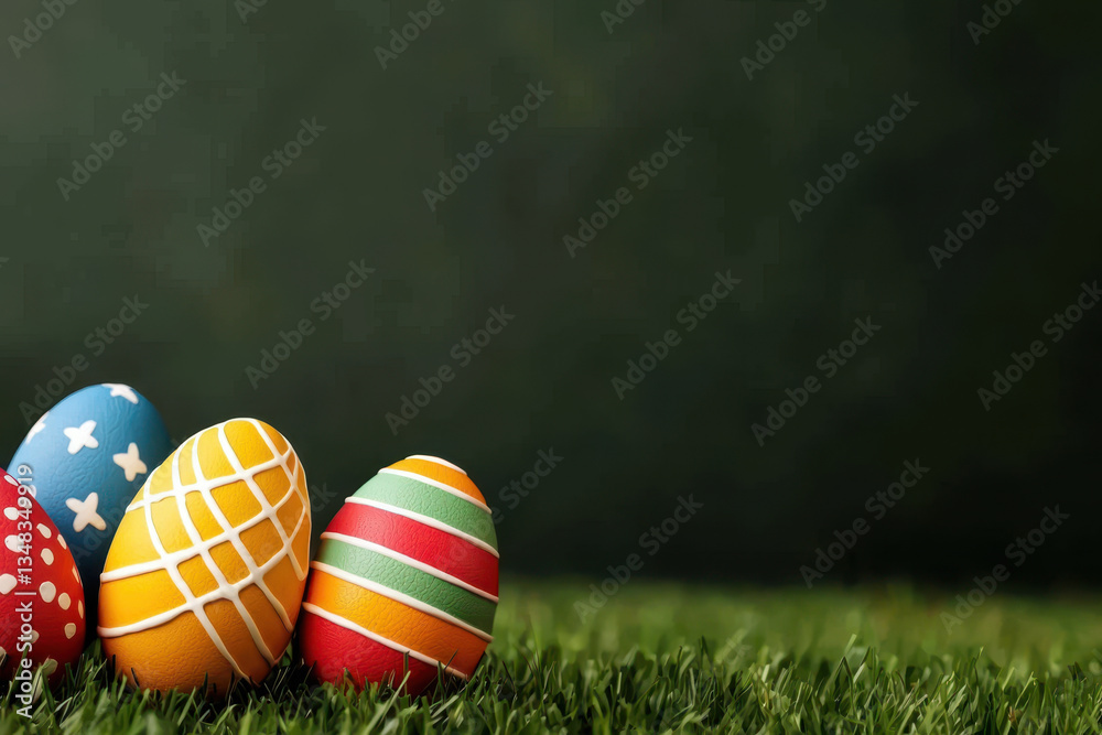 Fototapeta premium Colorful Easter eggs arranged on green grass create festive atmosphere for spring celebrations