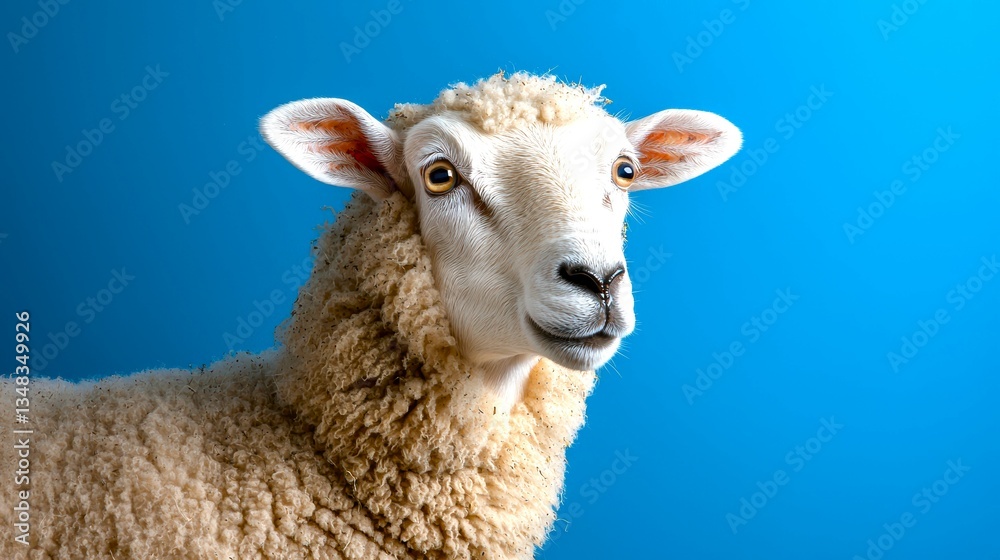Fototapeta premium Cute sheep with fluffy wool against a vibrant blue background