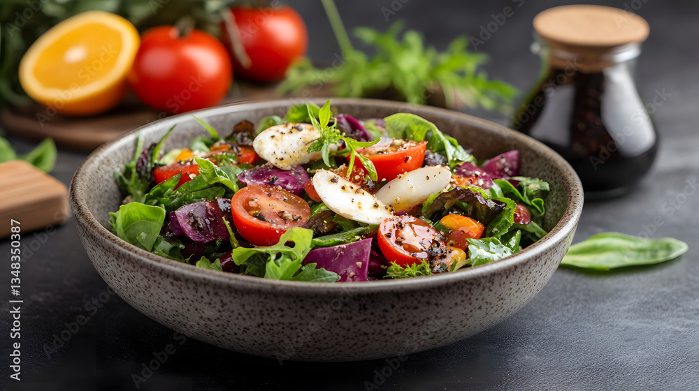 Fresh, vibrant salad with mixed greens, tomatoes, mozzarella, and vinaigrette Fresh, vibrant salad with mixed greens, tomatoes, mozzarella, and vinaigrette