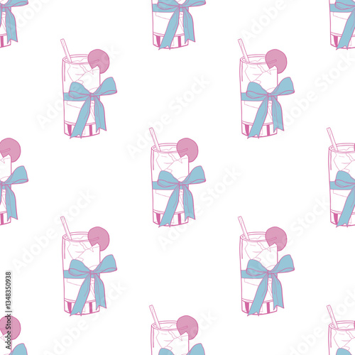 Flirtatious summer coctails vector seamless pattern with transparent background. Wallpaper background in whimsical style for menu, packing, scrapbook paper, textile. Pink girly glasses