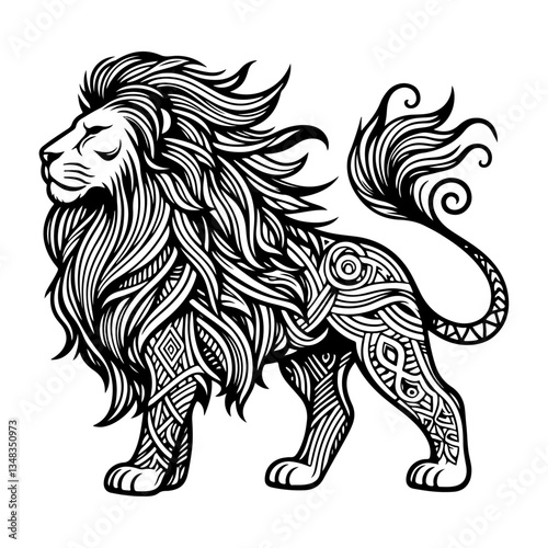 Majestic lion head artwork with tribal geometric patterns
