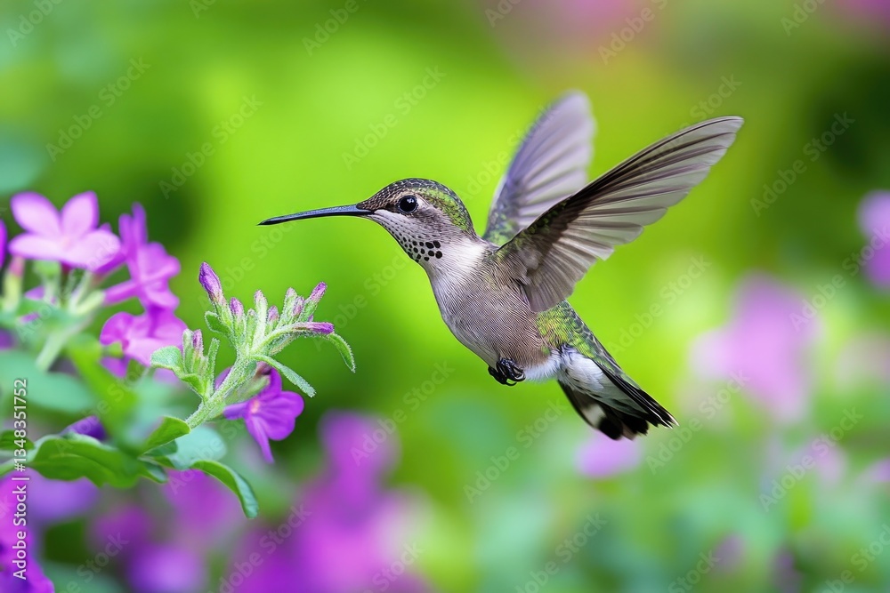 Fototapeta premium Hummingbird in flight amidst vibrant flowers