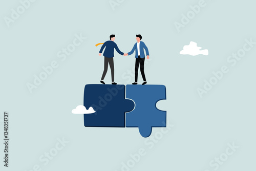 Collaborate, cooperate or partnership and agreement to help business success, together or teamwork support each other concept, success businessmen finish deal and handshake on jigsaw puzzle.