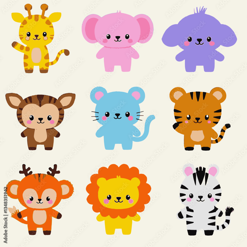 Vector Cartoon Animals Set. Giraffe, Hippo, Elephant, Bear, Zebra, Mouse, Lion, Monkey, Fox Vector Cartoon Animals Set. Giraffe, Hippo, Elephant, Bear, Zebra, Mouse, Lion, Monkey, Fox