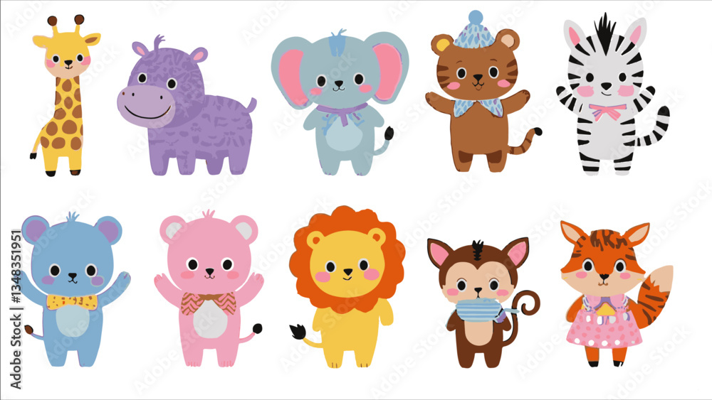 Vector Cartoon Animals Set. Giraffe, Hippo, Elephant, Bear, Zebra, Mouse, Lion, Monkey, Fox Vector Cartoon Animals Set. Giraffe, Hippo, Elephant, Bear, Zebra, Mouse, Lion, Monkey, Fox