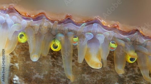Mollusca Chlamys islandica, family Pectinidae under a microscope, order Pectinida. Visible mantle tentacles and eyes. White Sea