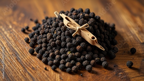 Black pepper in bow on table. Pile of ground black pepper.