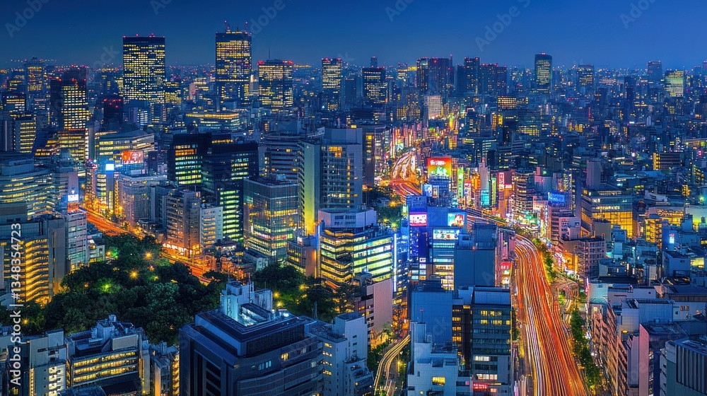 Obraz premium Tokyo City Skyline Night, Aerial View, Illuminated Streets, Skyscrapers