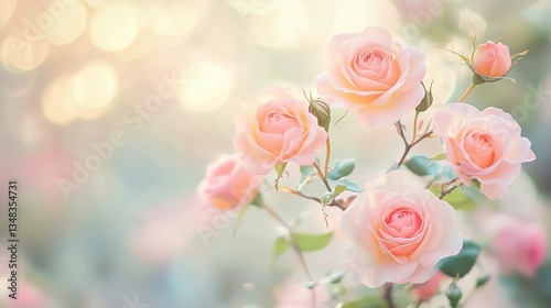 Beautiful pale pink roses blooming with gentle light in a garden