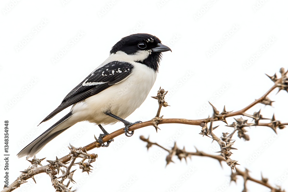 Obraz premium Bird perched on thorny branch, isolated white background. Possible use Nature photography
