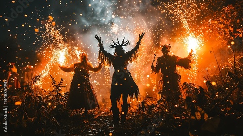Fire Ritual Celebration Mystical Night Silhouette