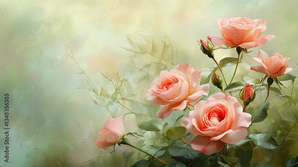 Obraz premium Beautiful pink roses blooming against a soft green and yellow backdrop
