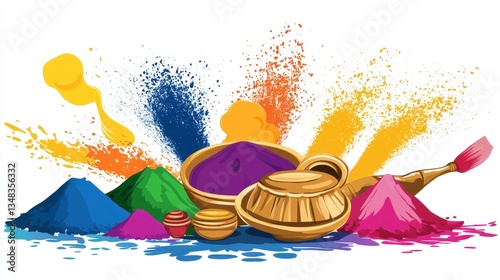 A Holi Celebration: Colorful Powder and Traditional Vessels