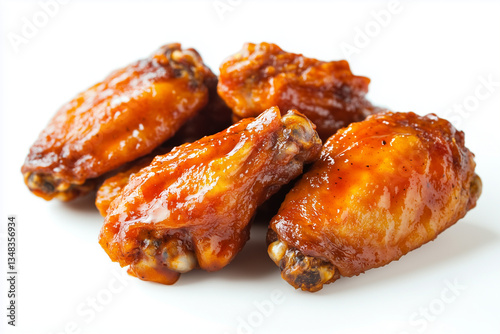 Saucy Buffalo chicken wings isolated on a white background