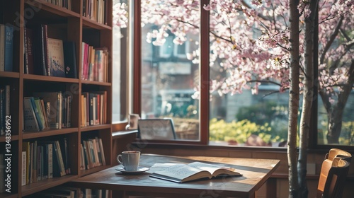 Reading Book at Table with Coffee and Blooming Tree View
